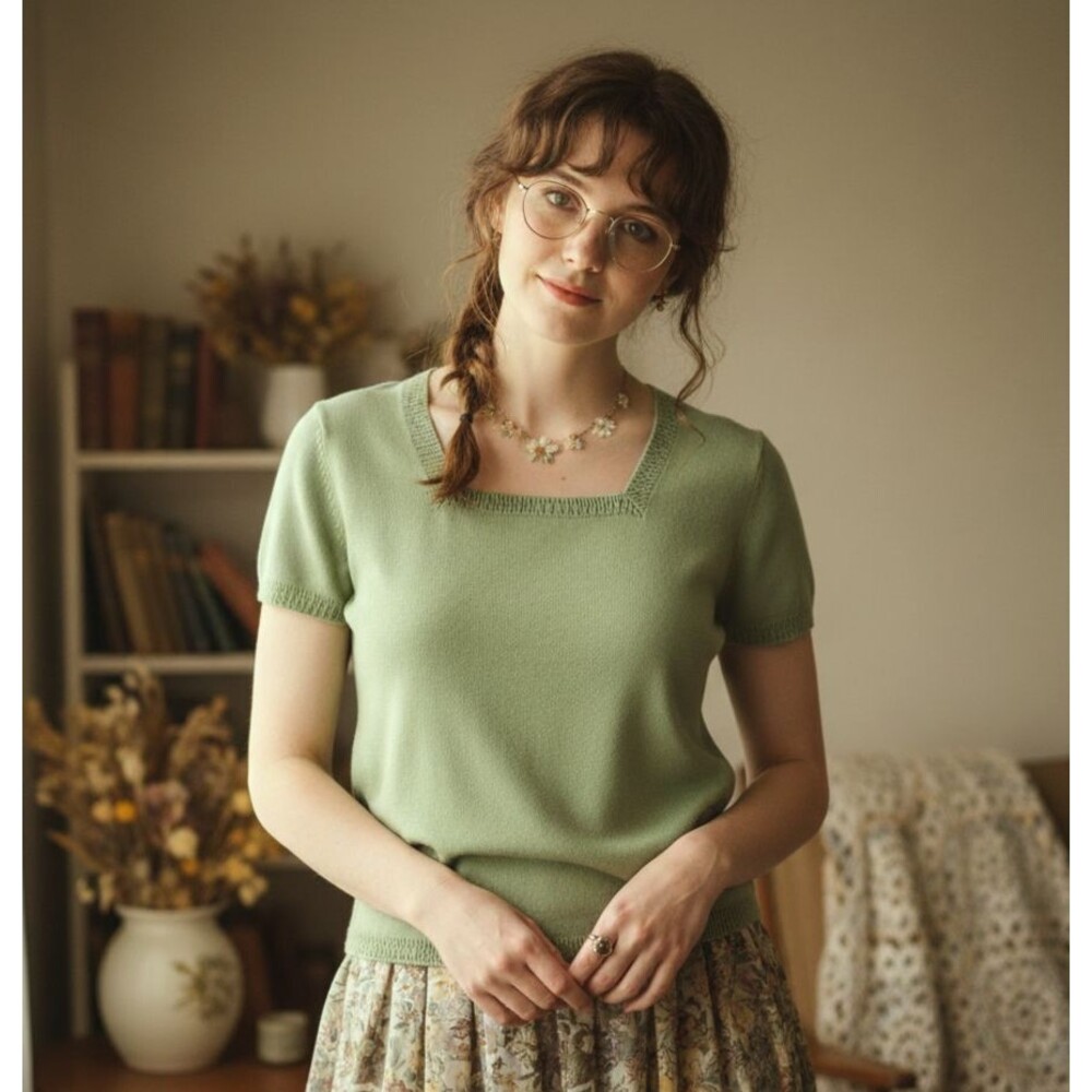 Vintage Dressbarn Top Cottage Womens sz Large Short Sleeve Sweater Green Grandma